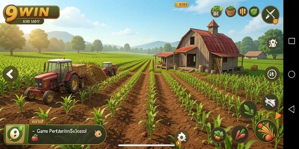 Screenshot gameplay 9WIN menunjukkan petani sedang merawat tanaman.
