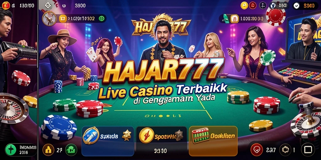 Tampilan gameplay HAJAR777 menampilkan dealer profesional dan permainan kasino yang seru.