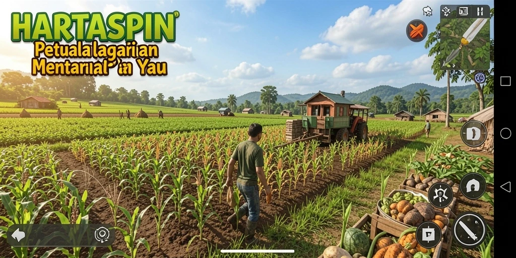 Screenshot gameplay HARTASPIN yang menunjukkan petualangan pertanian yang seru.