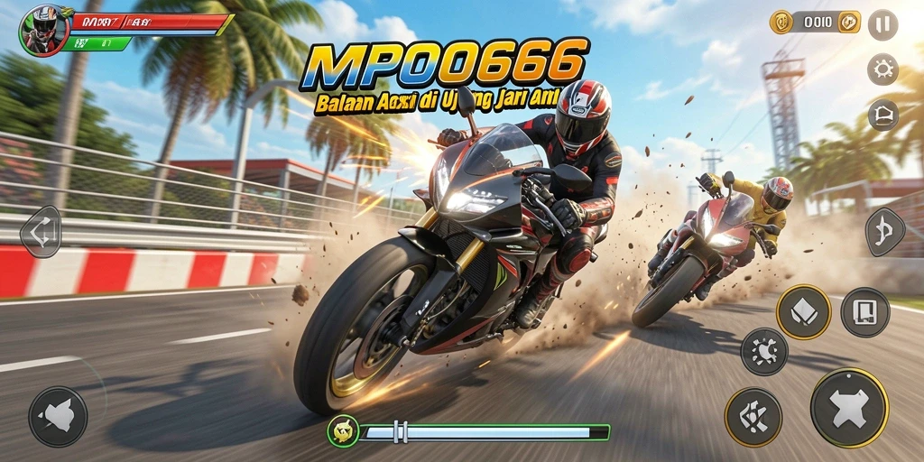 Screenshot MPO666 menampilkan aksi balapan motor yang mendebarkan dan lingkungan trek yang menarik.